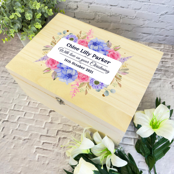 Pink Blue Floral With Love Christening Personalised Wooden Memory Keepsake Box