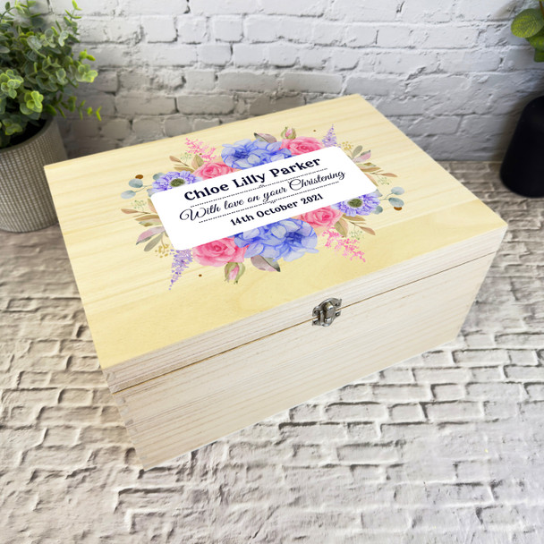 Pink Blue Floral With Love Christening Personalised Wooden Memory Keepsake Box