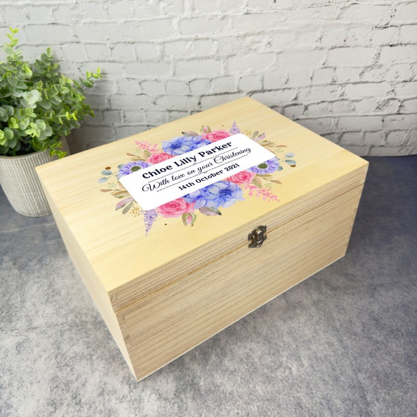 Pink Blue Floral With Love Christening Personalised Wooden Memory Keepsake Box