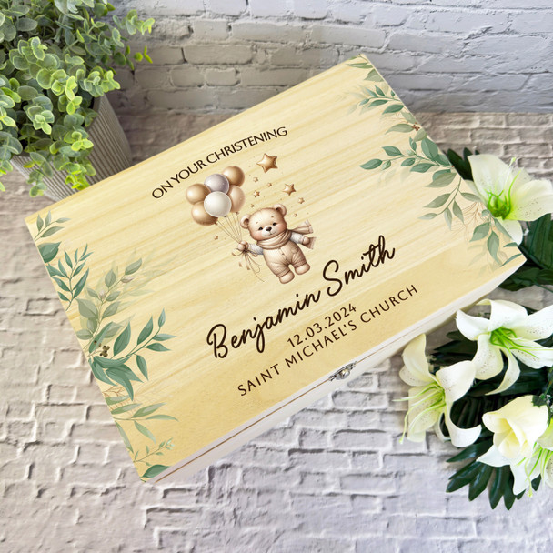 Teddy Bear Holding Balloons Gold Christening Personalised Wooden Keepsake Box