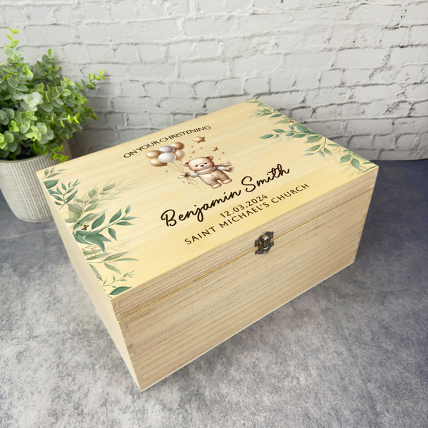 Teddy Bear Holding Balloons Gold Christening Personalised Wooden Keepsake Box