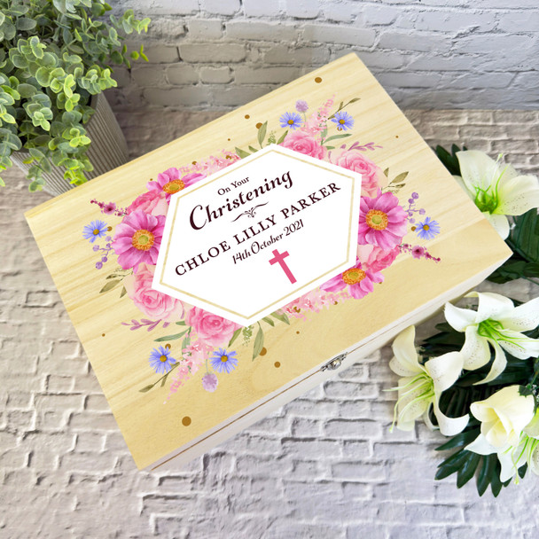 Floral Pink Cross On Your Christening Personalised Wooden Memory Keepsake Box