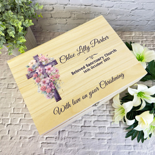 Pink Floral Cross Christening Personalised Storage Wooden Memory Keepsake Box