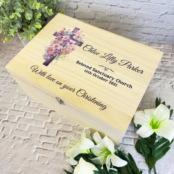 Pink Floral Cross Christening Personalised Storage Wooden Memory Keepsake Box