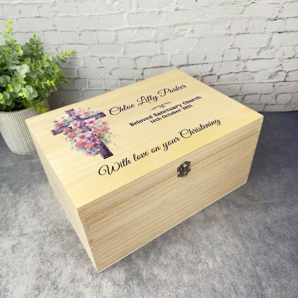 Pink Floral Cross Christening Personalised Storage Wooden Memory Keepsake Box