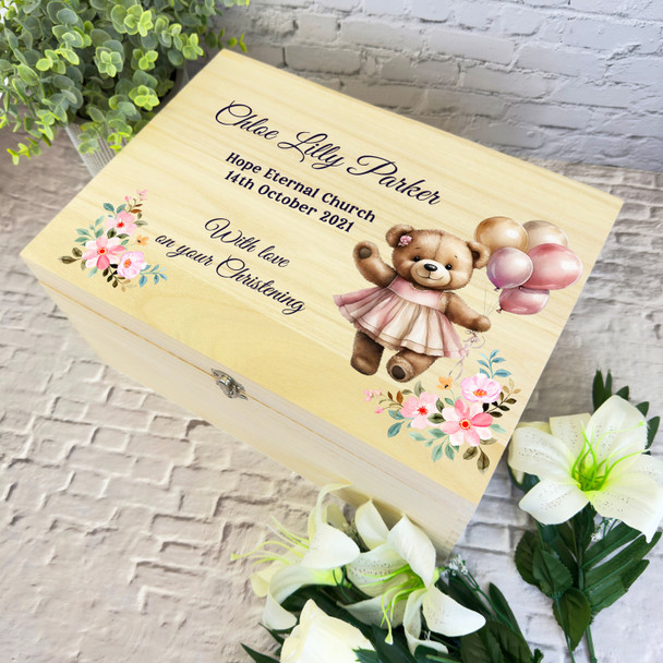 Dress Teddy Bear Balloons Girls Christening Personalised Wooden Keepsake Box