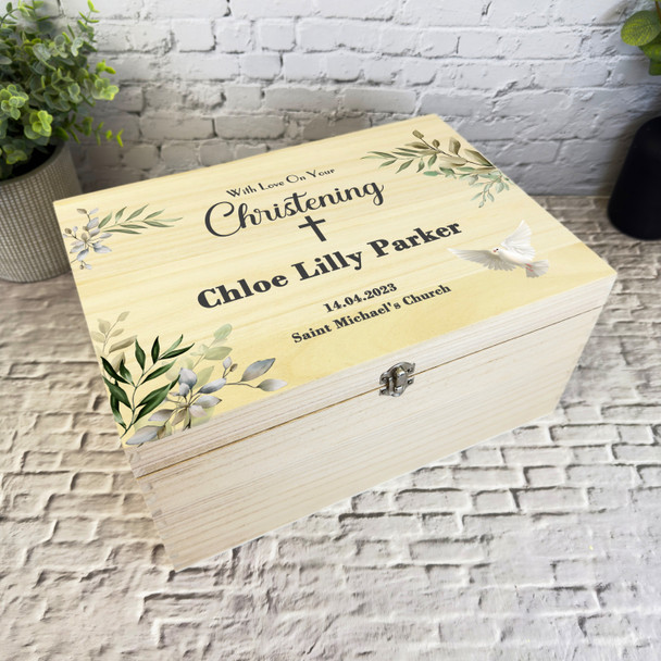 Green Leaves White Floral Dove Christening Personalised Wooden Keepsake Box