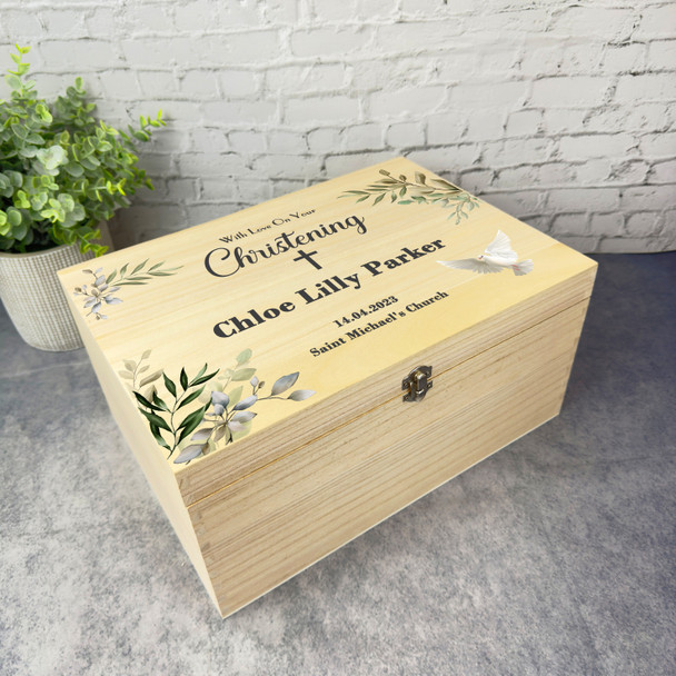 Green Leaves White Floral Dove Christening Personalised Wooden Keepsake Box