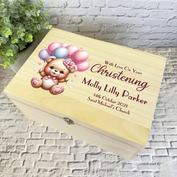 Pink Teddy Bear Balloons Girls Christening Personalised Wooden Keepsake Box