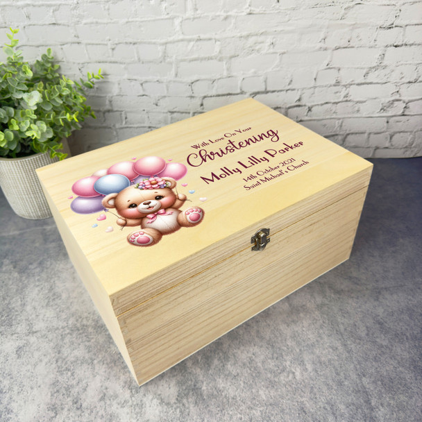 Pink Teddy Bear Balloons Girls Christening Personalised Wooden Keepsake Box