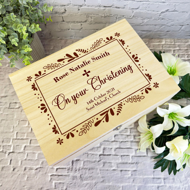 Dark Brown Floral Frame Christening Personalised Wooden Memory Keepsake Box