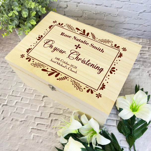 Dark Brown Floral Frame Christening Personalised Wooden Memory Keepsake Box