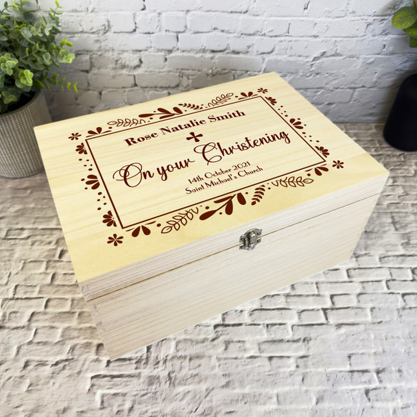 Dark Brown Floral Frame Christening Personalised Wooden Memory Keepsake Box