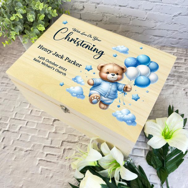 Blue Teddy Bear With Balloons Christening Personalised Wooden Keepsake Box