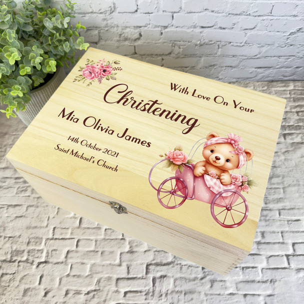 Pink Teddy Bear Baby Carriage Christening Personalised Wooden Keepsake Box