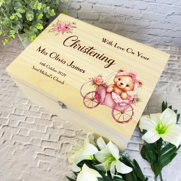 Pink Teddy Bear Baby Carriage Christening Personalised Wooden Keepsake Box