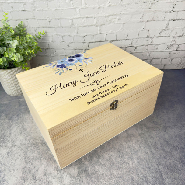 Watercolour Blue Floral Cross Christening Personalised Wooden Keepsake Box