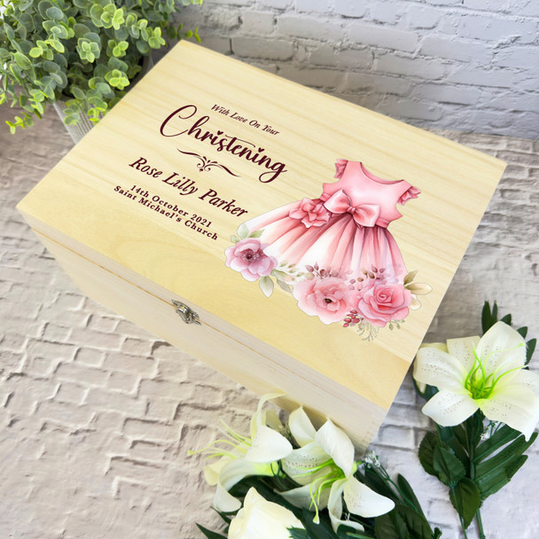 Watercolour Floral Pink Dress Christening Personalised Wooden Keepsake Box