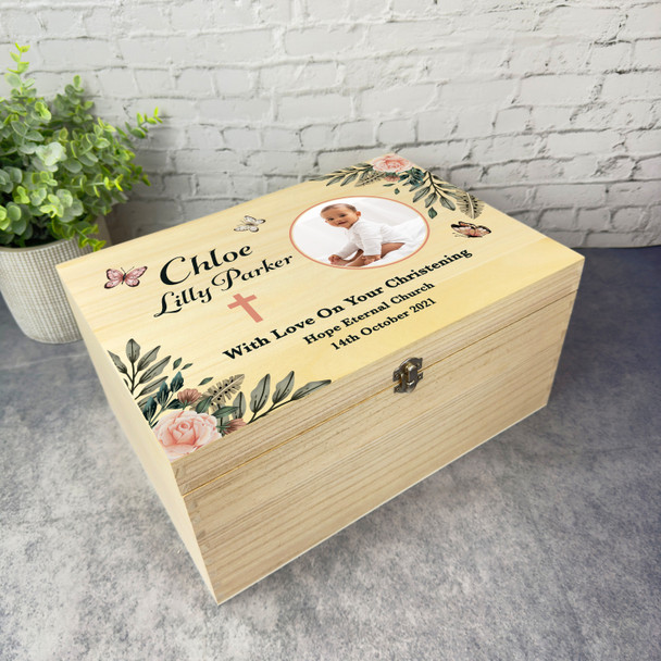 Watercolour Peach Round Photo Christening Personalised Wooden Keepsake Box