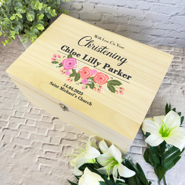 With Love Pink Floral Christening Personalised Wooden Memory Keepsake Box