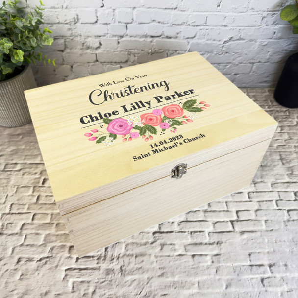 With Love Pink Floral Christening Personalised Wooden Memory Keepsake Box