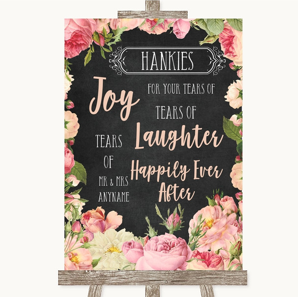 Chalkboard Style Pink Roses Hankies And Tissues Personalised Wedding Sign