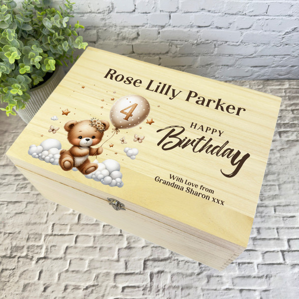 Teddy Bear Holding Balloon 4th Birthday Personalised Wooden Keepsake Storage Box