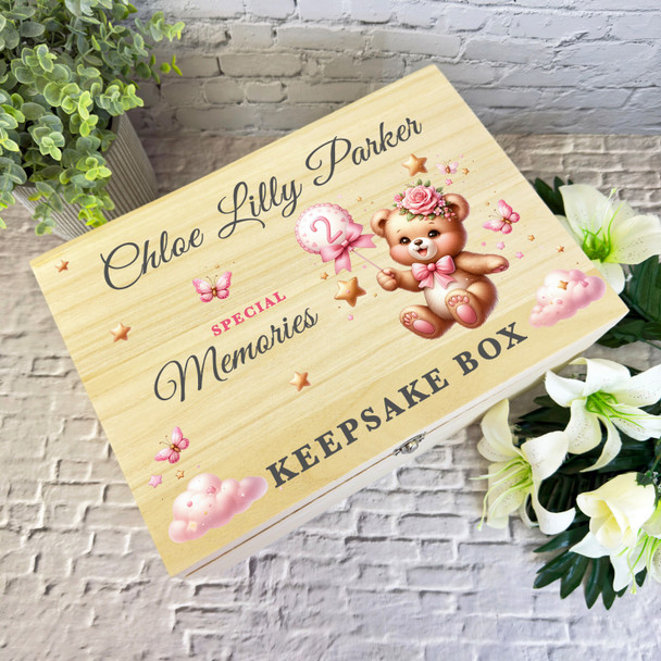 Pink Floral Teddy Bear Girls Any Age Birthday Personalised Wooden Keepsake Box