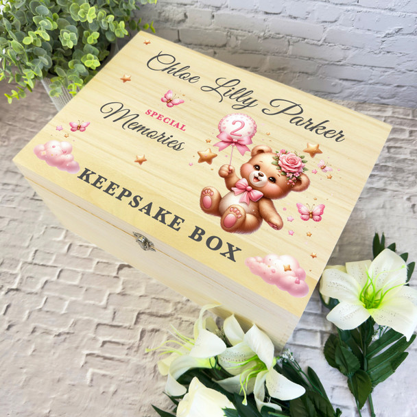 Pink Floral Teddy Bear Girls Any Age Birthday Personalised Wooden Keepsake Box