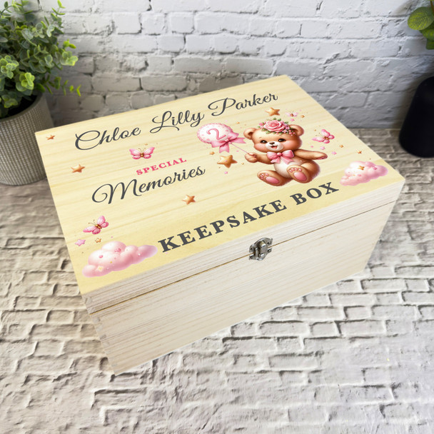 Pink Floral Teddy Bear Girls Any Age Birthday Personalised Wooden Keepsake Box