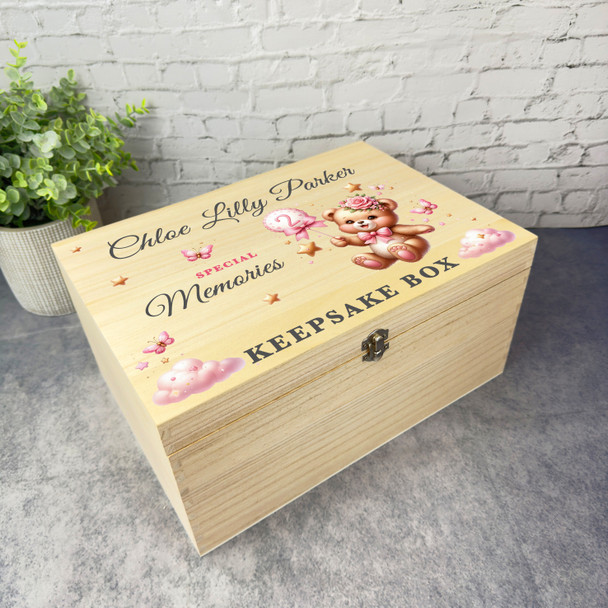 Pink Floral Teddy Bear Girls Any Age Birthday Personalised Wooden Keepsake Box