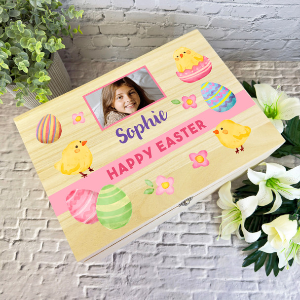 Happy Easter Egg Chick Photo Easter Hamper Gift Personalised Wooden Keepsake Box