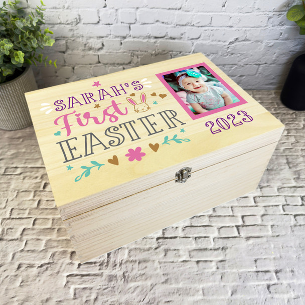 Pink Baby Girl First Easter Photo Hamper Gift Personalised Wooden Keepsake Box