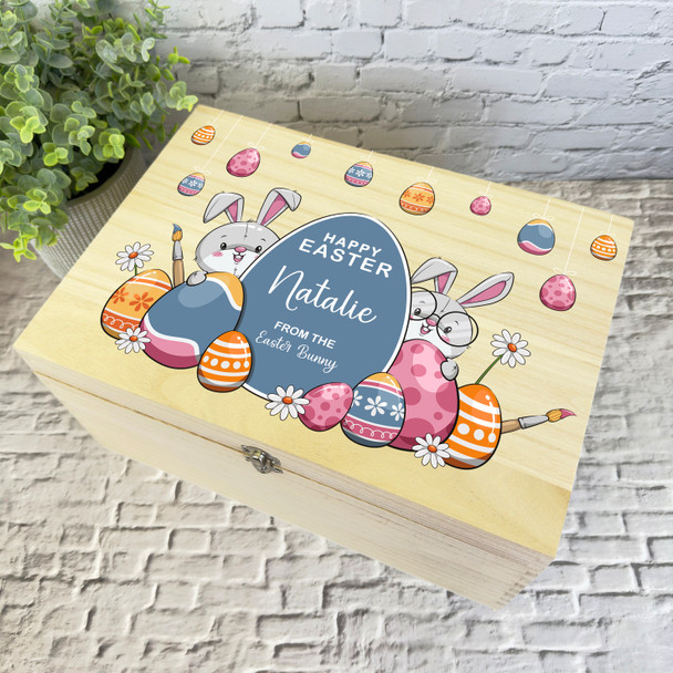 Cute Bunnies Happy Easter Hamper Gift Personalised Wooden Memory Keepsake Box