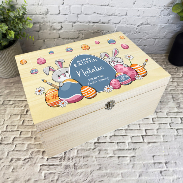 Cute Bunnies Happy Easter Hamper Gift Personalised Wooden Memory Keepsake Box