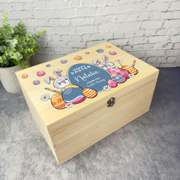 Cute Bunnies Happy Easter Hamper Gift Personalised Wooden Memory Keepsake Box