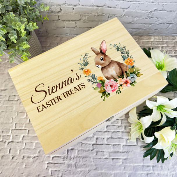 Watercolour Floral Bunny Easter Hamper Gift Personalised Wooden Keepsake Box