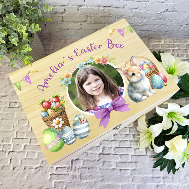 Child Bunny Eggs Photo Easter Hamper Gift Personalised Wooden Keepsake Box