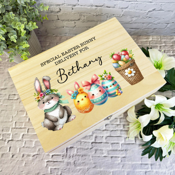 Watercolour Bunny Eggs Easter Hamper Gift Personalised Wooden Keepsake Box