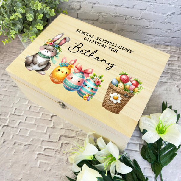 Watercolour Bunny Eggs Easter Hamper Gift Personalised Wooden Keepsake Box