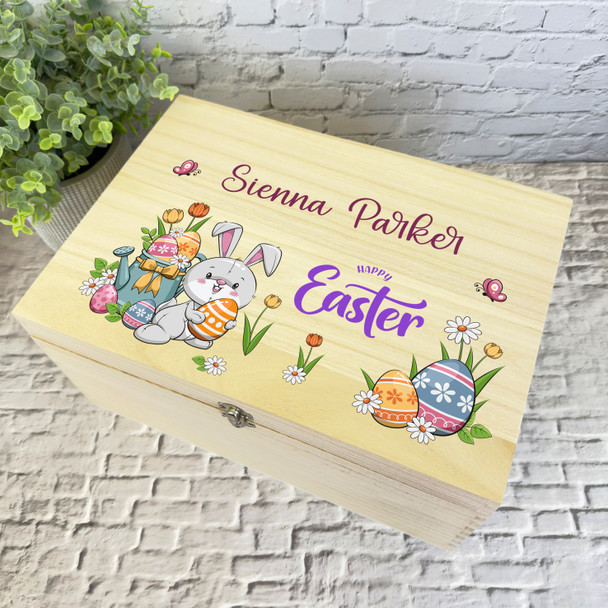 Bunny With Eggs Easter Hamper Gift Personalised Wooden Memory Keepsake Box