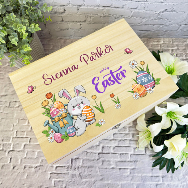 Bunny With Eggs Easter Hamper Gift Personalised Wooden Memory Keepsake Box