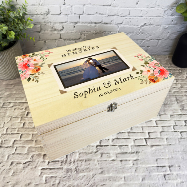 Pink Orange Watercolour Photo Frame Wedding Day Personalised Wooden Keepsake Box