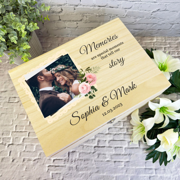 Vintage Floral Photo Frame Memories Wedding Day Personalised Wooden Keepsake Box