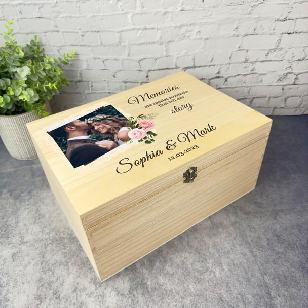 Vintage Floral Photo Frame Memories Wedding Day Personalised Wooden Keepsake Box