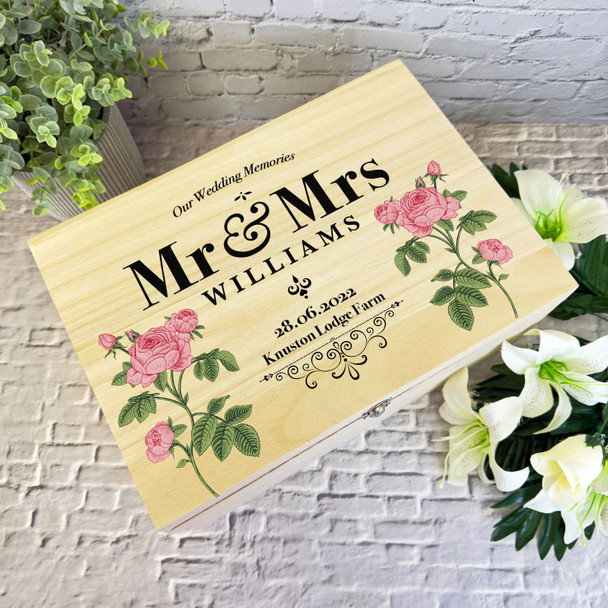 Vintage Pink Rose Mr & Mrs Memories Wedding Day Personalised Wooden Keepsake Box