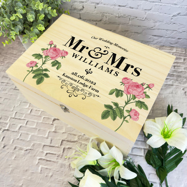 Vintage Pink Rose Mr & Mrs Memories Wedding Day Personalised Wooden Keepsake Box