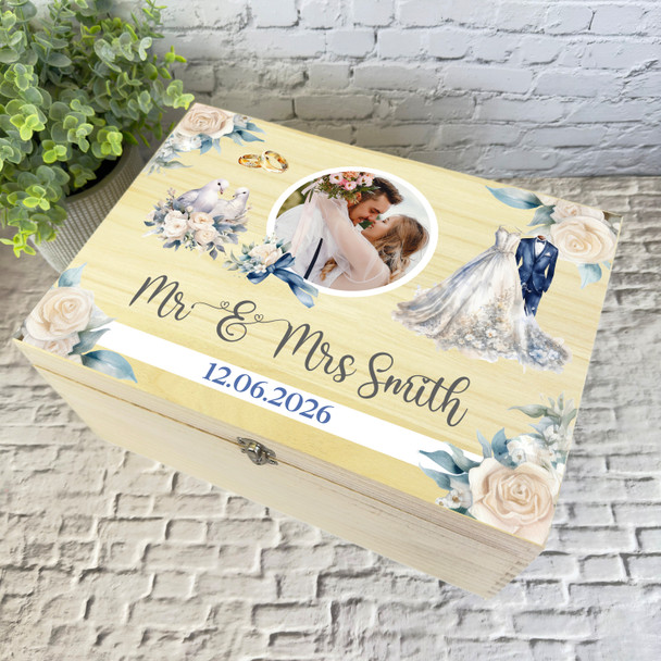 Mr & Mrs Blue Photo Wedding Day Memories Personalised Wooden Memory Keepsake Box