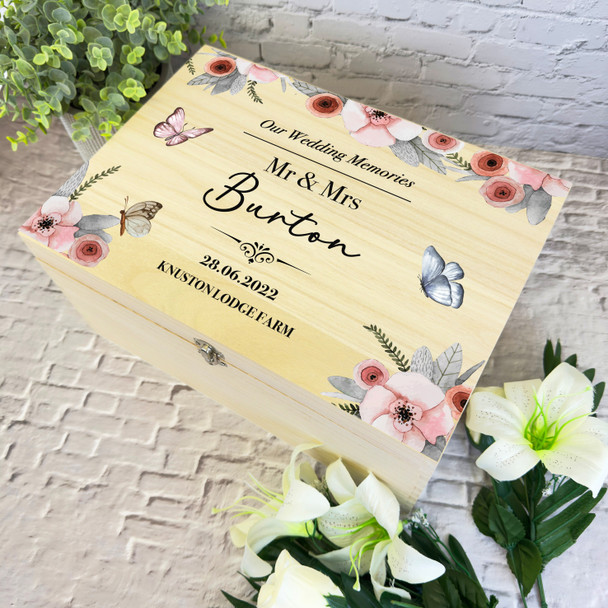 Watercolour Pink Butterflies Wedding Day Personalised Wooden Memory Keepsake Box