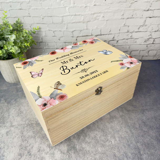 Watercolour Pink Butterflies Wedding Day Personalised Wooden Memory Keepsake Box